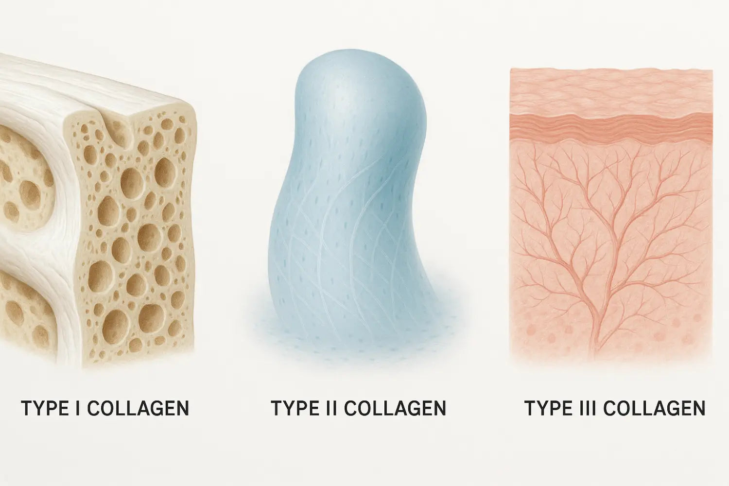 A scientific illustration comparing Type I collagen in bone, Type II in cartilage, and Type III in skin.