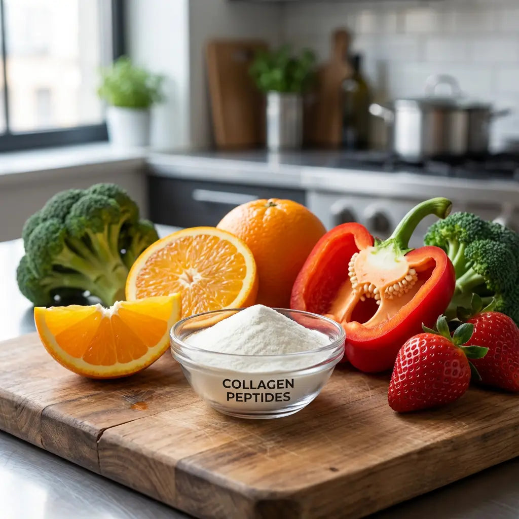 A photograph of fresh oranges, red peppers, strawberries, and broccoli arranged on a wooden board next to a bowl of collagen powder.