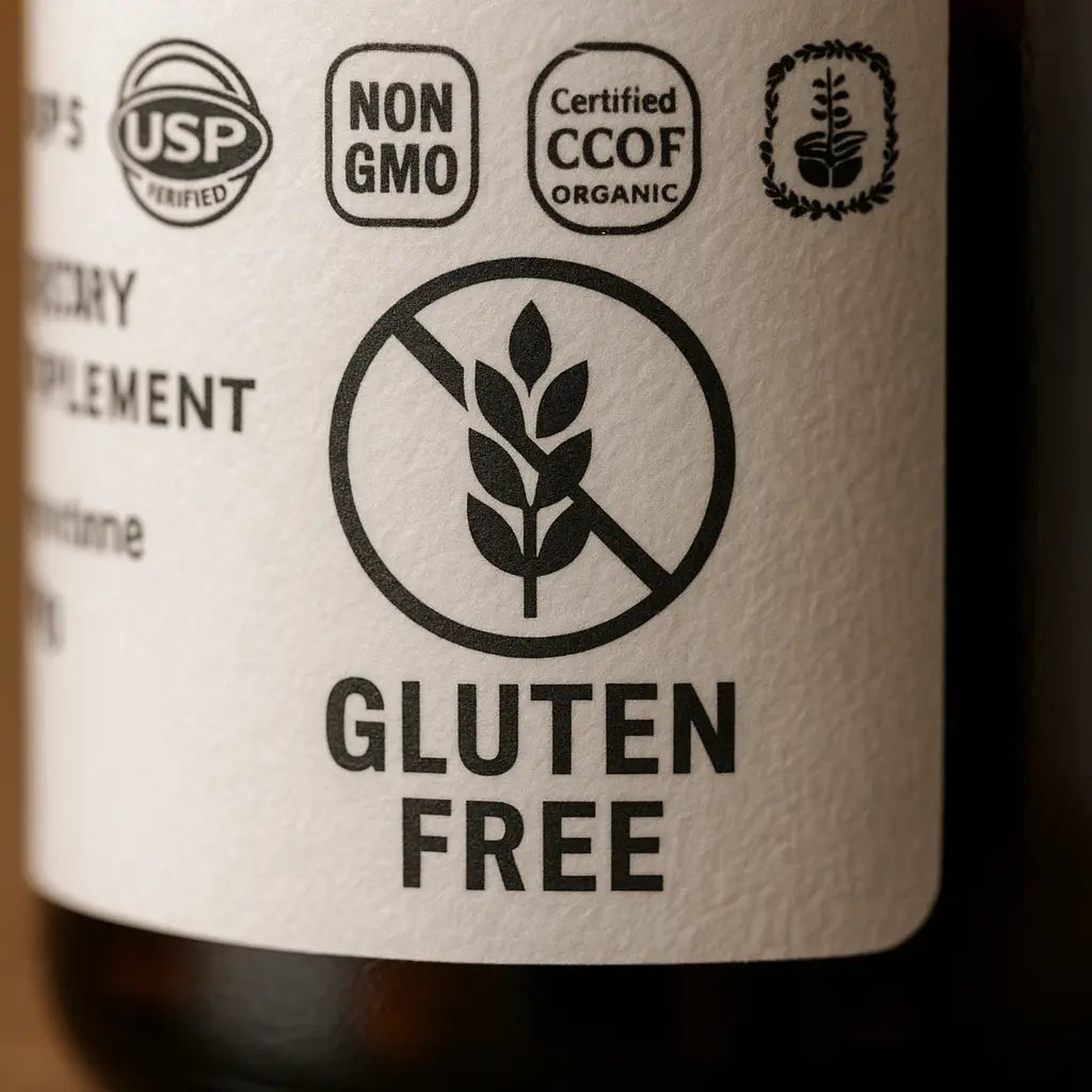 A close-up of a gluten-free certification mark on a supplement label. ALT: A close-up of a gluten-free certification mark on a supplement label, showing the Crossed Grain symbol.