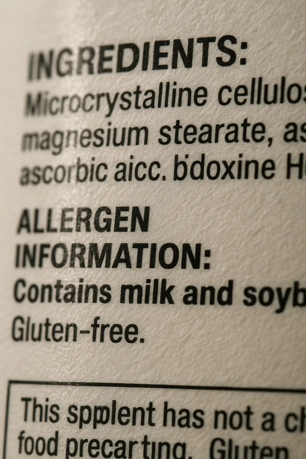 A close-up of an ingredients list on a supplement label. ALT: A close-up of an ingredients list on a supplement label, with some ingredients in bold.