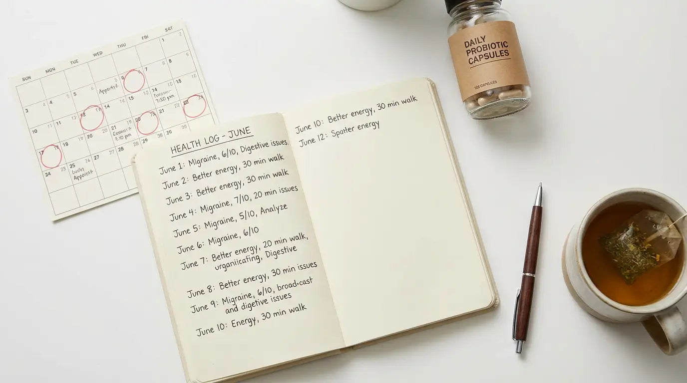 A flat lay image of a health journal, calendar, and probiotics, illustrating a methodical approach to tracking IBS symptoms.