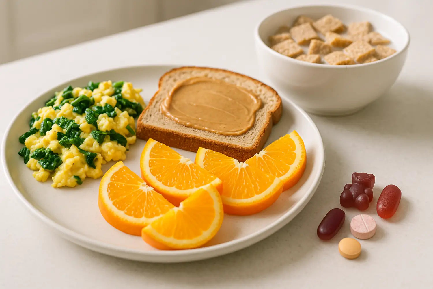 A nutritious breakfast plate with scrambled eggs, toast, and orange slices.