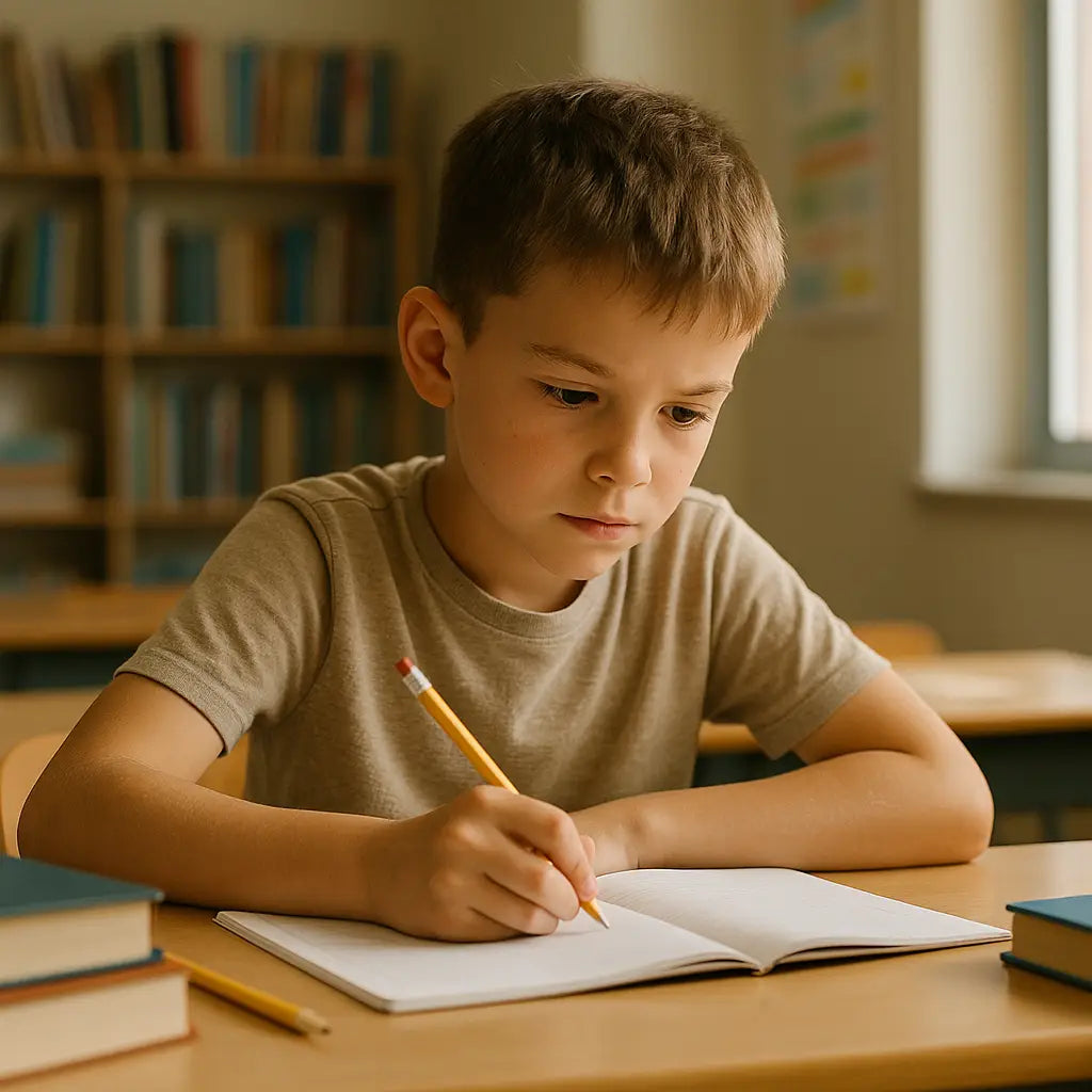 A focused child studying at a desk.